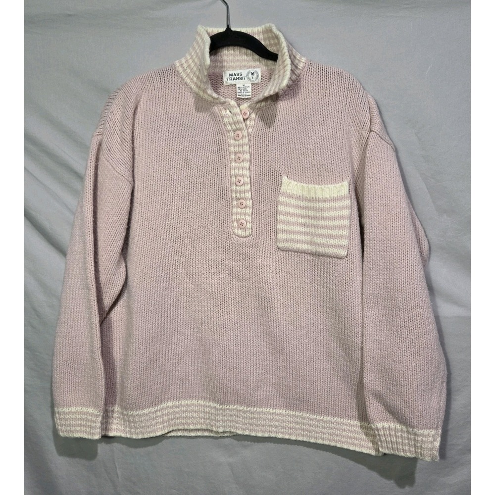 Mass Transit 1/2 Button Up‎ Henley Sweater Womens MED Pink Wool Acrylic Striped